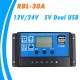 Controlador de Carga 30a - 12/24v  Digital (programable) - USB 